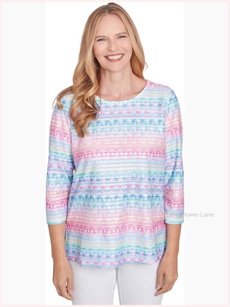 Multicolor Striped Crewneck Pullover 3/4 Sleeve Top